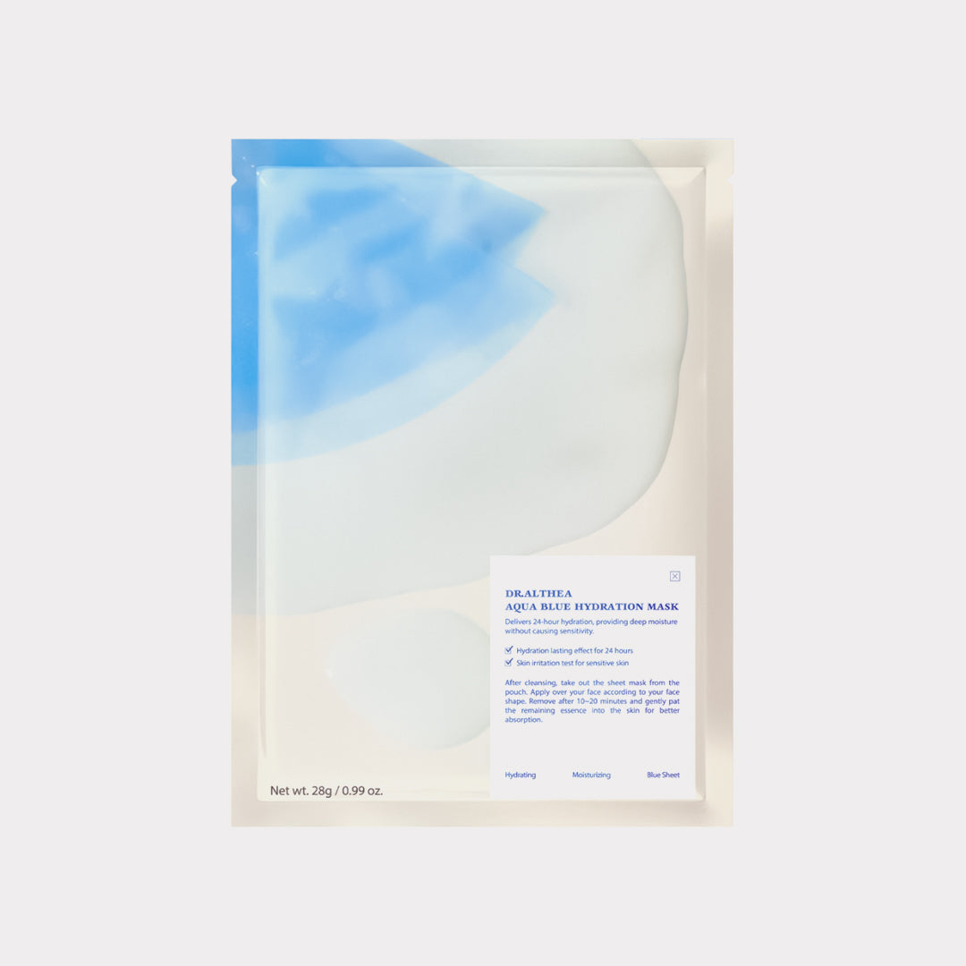 Skincare mask packaging with blue and white design on a light beige background Dr.Althea Aqua Blue Hydration Mask asian authentic genuine original korean skincare montreal toronto calgary canada thekshop thekshop.ca natural organic vegan cruelty-free cosmetics kbeauty vancouver free shipping clean beauty routine skin makeup kpop stayz stan fandom photocard stray kids treasure ateez atiny dix30 brossard ddo royal mount st-bruno new store