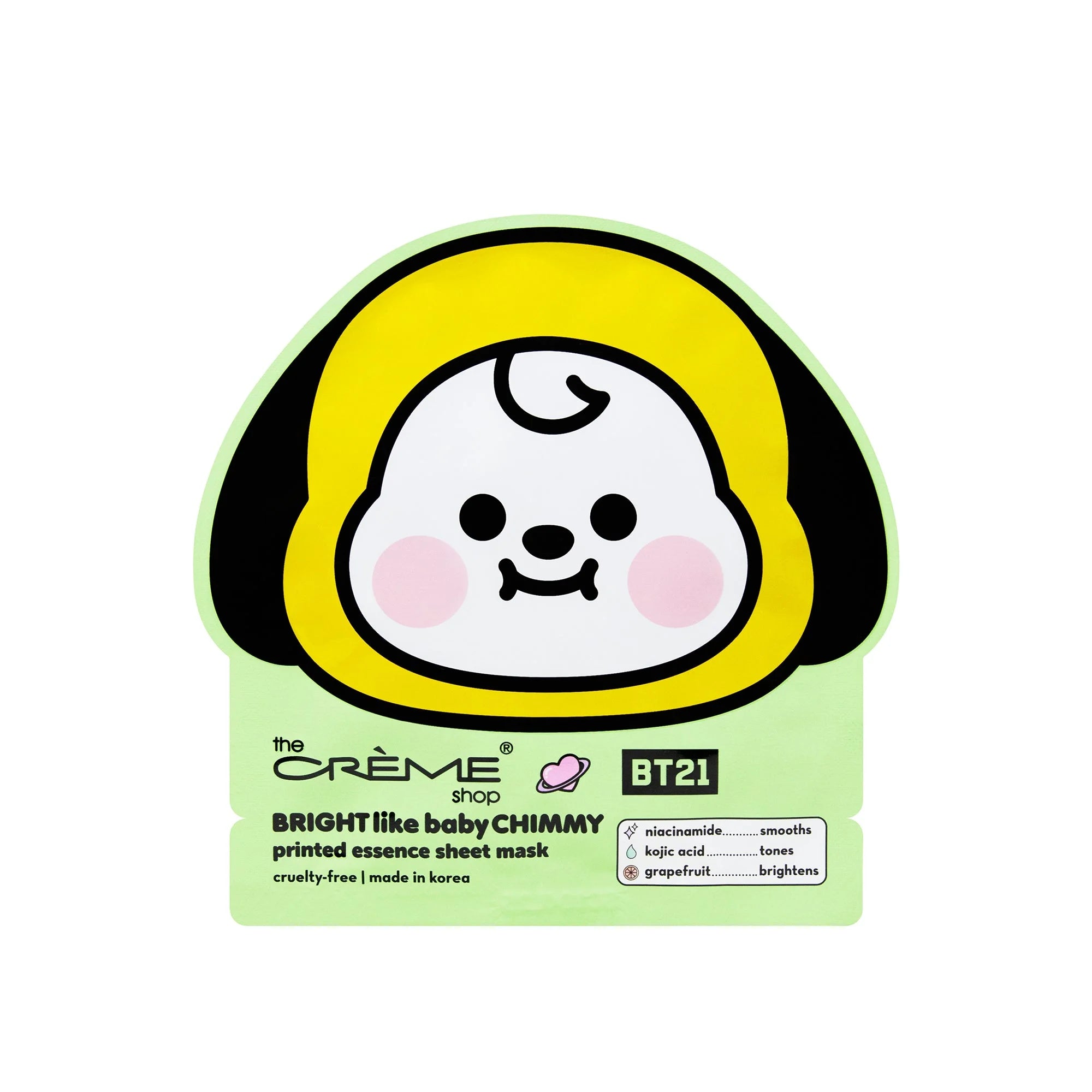 The Crème Shop x BT21 BRIGHT Like Baby CHIMMY Printed Essence Sheet Mask (Niacinamide, Kojic Acid, Grapefruit) BTS Army Take Two asian authentic genuine original korean skincare montreal toronto calgary canada thekshop thekshop.ca natural organic vegan cruelty-free cosmetics kbeauty vancouver free shipping clean beauty routine skin makeup kpop