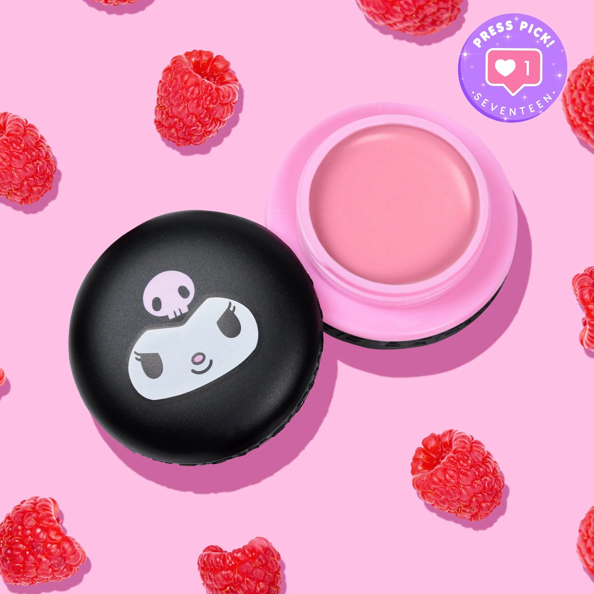 The Crème Shop x Hello Kitty - Kuromi Raspberry Cream Puff Macaron Lip Balm  asian authentic genuine original korean skincare montreal toronto calgary canada thekshop thekshop.ca natural organic vegan cruelty-free cosmetics kbeauty vancouver free shipping clean beauty routine skin makeup