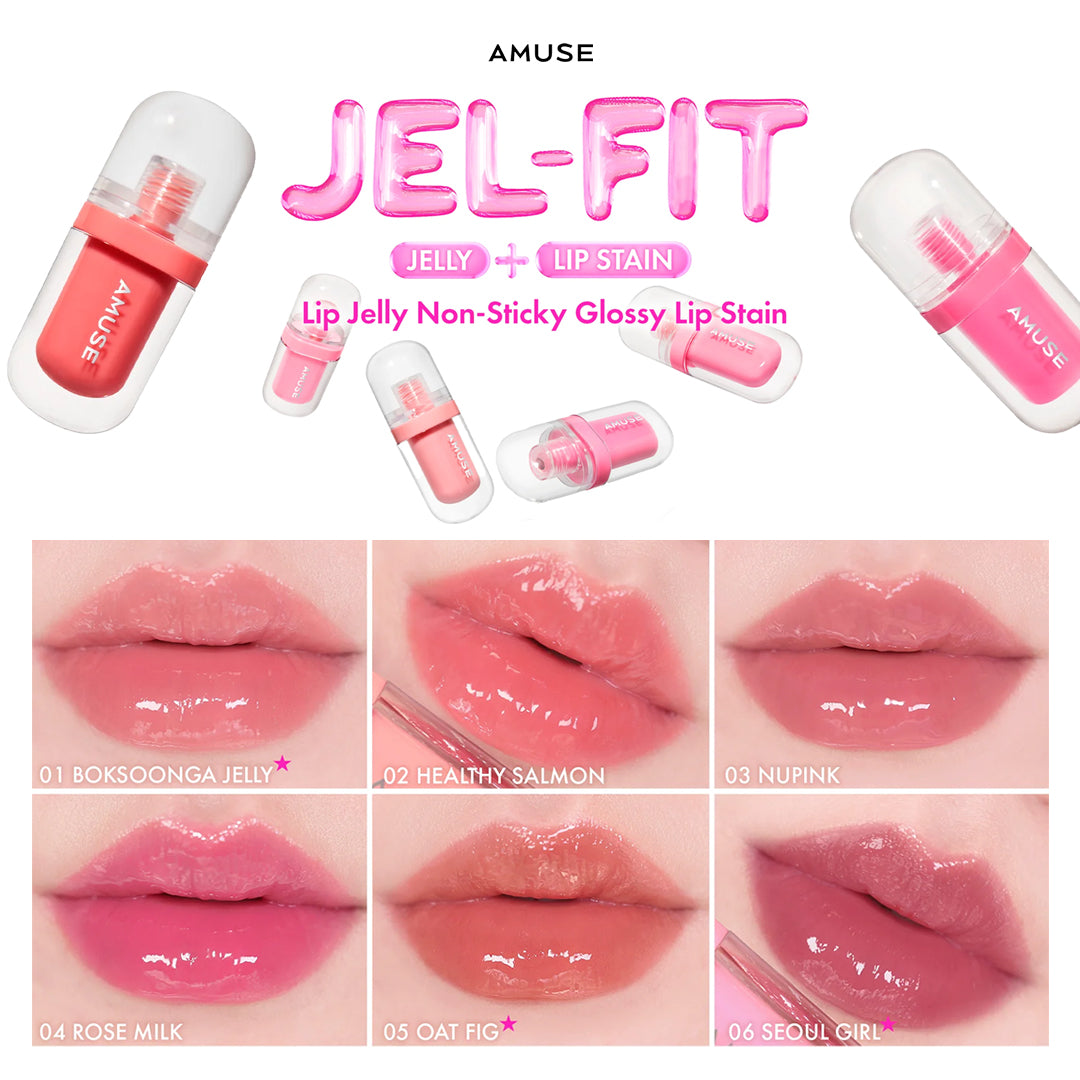 Amuse Jel-Fit lip jelly product with color swatches on lips asian authentic genuine original korean skincare montreal toronto calgary canada thekshop thekshop.ca natural organic vegan cruelty-free cosmetics kbeauty vancouver free shipping clean beauty routine skin makeup kpop stayz stan fandom photocard stray kids treasure ateez atiny dix30 brossard ddo royal mount st-bruno new store
