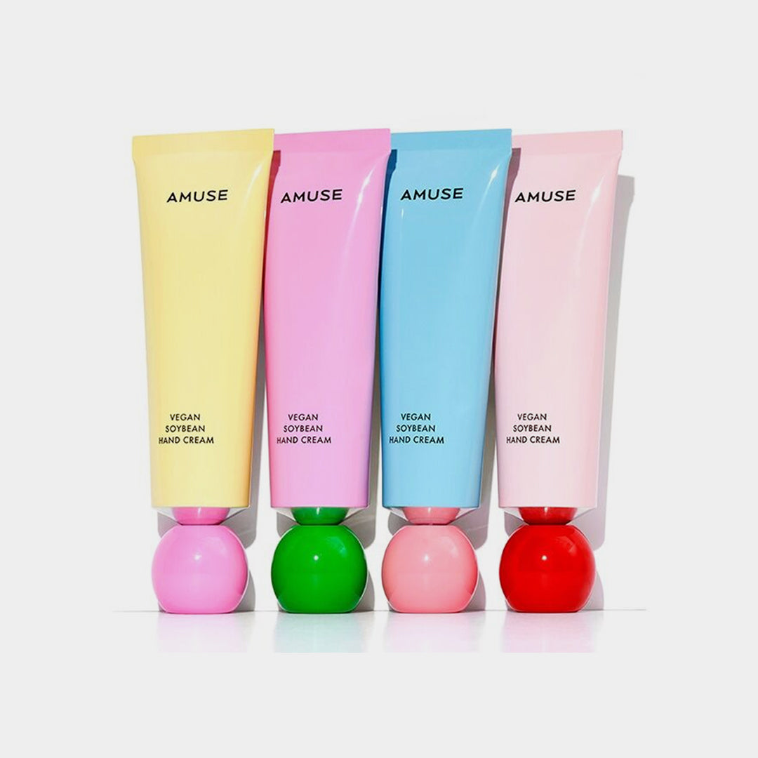 Four tubes of Amuse vegan soybean hand cream in different colors with colorful bases on a white background. AMUSE Vegan Soybean Hand Cream asian authentic genuine original korean skincare montreal toronto calgary canada thekshop thekshop.ca natural organic vegan cruelty-free cosmetics kbeauty vancouver free shipping clean beauty routine skin makeup kpop stayz stan fandom photocard stray kids treasure ateez atiny dix30 brossard ddo royal mount st-bruno new store