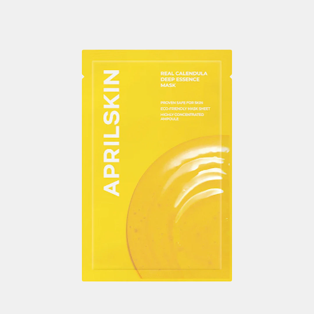 Aprilskin Real Calendula Deep Essence Mask packaging on a light gray background APRILSKIN Calendula Deep Essence Mask asian authentic genuine original korean skincare montreal toronto calgary canada thekshop thekshop.ca natural organic vegan cruelty-free cosmetics kbeauty vancouver free shipping clean beauty routine skin makeup kpop stayz stan fandom photocard stray kids treasure ateez atiny dix30 brossard ddo royal mount st-bruno new store downtown eaton centre