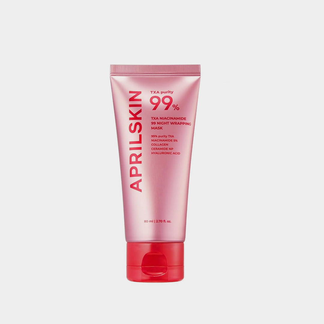 Pink skincare tube with red cap on a white background asian authentic genuine original korean skincare montreal toronto calgary canada thekshop thekshop.ca natural organic vegan cruelty-free cosmetics kbeauty vancouver free shipping clean beauty routine skin makeup kpop stayz stan fandom photocard stray kids treasure ateez atiny dix30 brossard ddo royal mount st-bruno new store APRILSKIN_TXA_Niacinamide_99_Night_Wrapping_Mask
