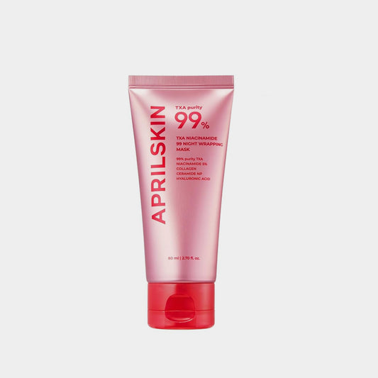 Pink skincare tube with red cap on a white background asian authentic genuine original korean skincare montreal toronto calgary canada thekshop thekshop.ca natural organic vegan cruelty-free cosmetics kbeauty vancouver free shipping clean beauty routine skin makeup kpop stayz stan fandom photocard stray kids treasure ateez atiny dix30 brossard ddo royal mount st-bruno new store APRILSKIN_TXA_Niacinamide_99_Night_Wrapping_Mask
