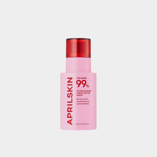 Pink skincare product with red cap on a white background APRILSKIN TXA Niacinamide Toning Shot 99 Serum asian authentic genuine original korean skincare montreal toronto calgary canada thekshop thekshop.ca natural organic vegan cruelty-free cosmetics kbeauty vancouver free shipping clean beauty routine skin makeup kpop stayz stan fandom photocard stray kids treasure ateez atiny dix30 brossard ddo royal mount st-bruno new store
