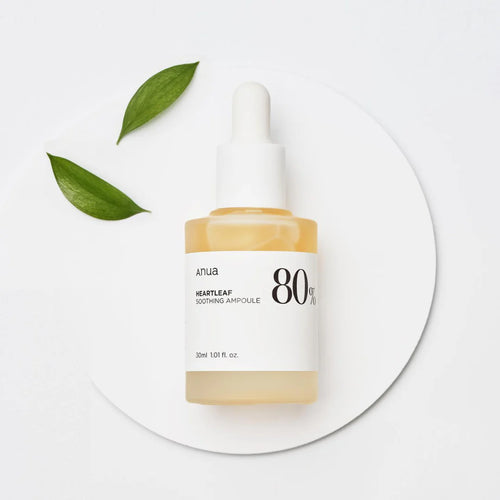 Anua Heartleaf 80% Soothing Ampoule a highly concentrated Korean facial serum designed to intensely hydrate and calm irritated, sensitive, or acne-prone skin