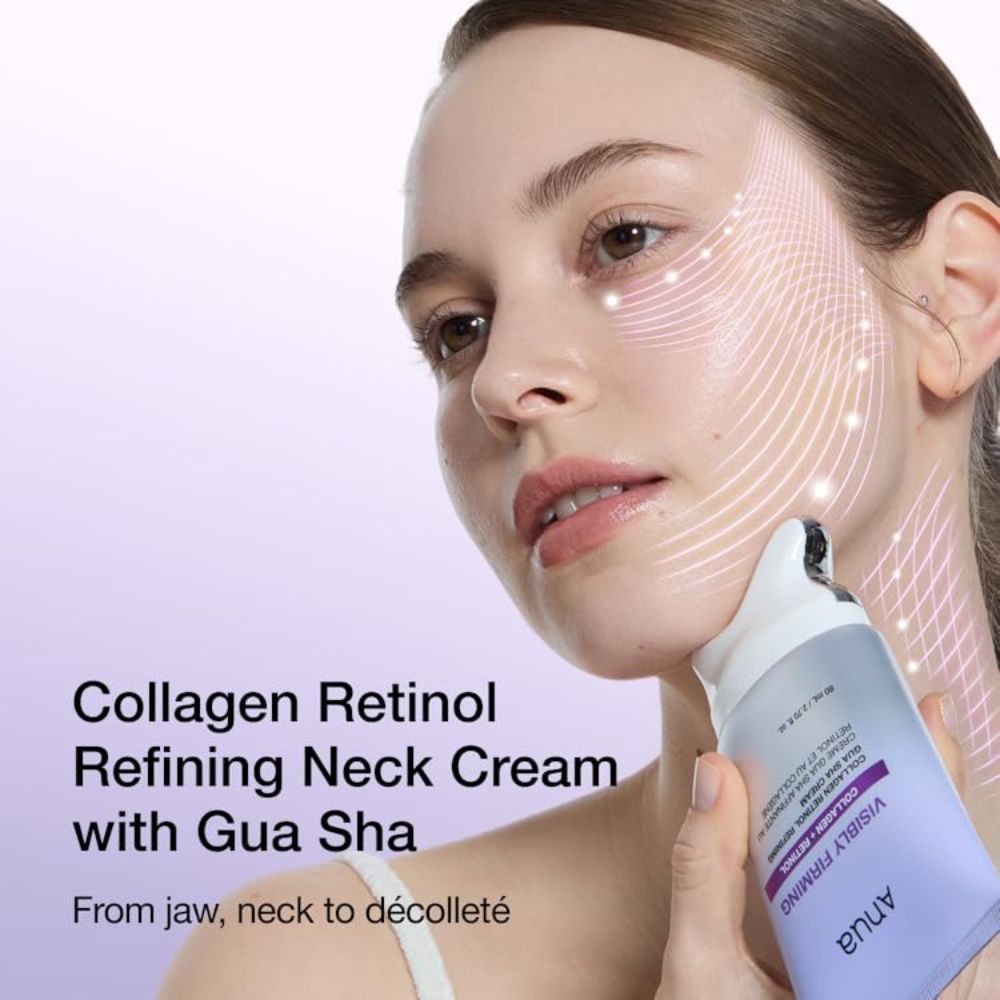 Anua Collagen Retinol Refining Gua Sha Cream nourishing anti-aging cream applied to jawline and neck for firming massage