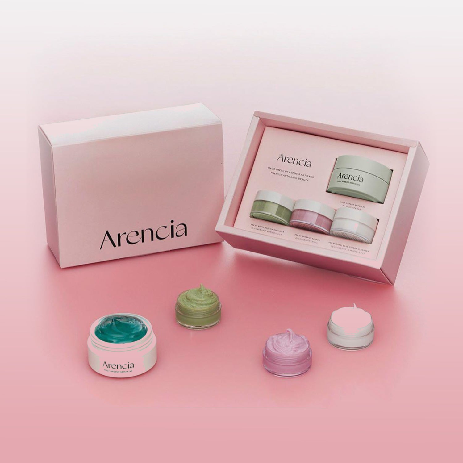 Arencia skincare product set on a pink background Arencia 4PCS Discovery Kit asian authentic genuine original korean skincare montreal toronto calgary canada thekshop thekshop.ca natural organic vegan cruelty-free cosmetics kbeauty vancouver free shipping clean beauty routine skin makeup kpop stayz stan fandom photocard stray kids treasure ateez atiny dix30 brossard ddo royal mount st-bruno new store