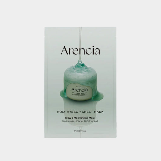 Arenicia Holy Hysop Sheet Mask packaging on a light gray background asian authentic genuine original korean skincare montreal toronto calgary canada thekshop thekshop.ca natural organic vegan cruelty-free cosmetics kbeauty vancouver free shipping clean beauty routine skin makeup kpop stayz stan fandom photocard stray kids treasure ateez atiny dix30 brossard ddo royal mount st-bruno new store