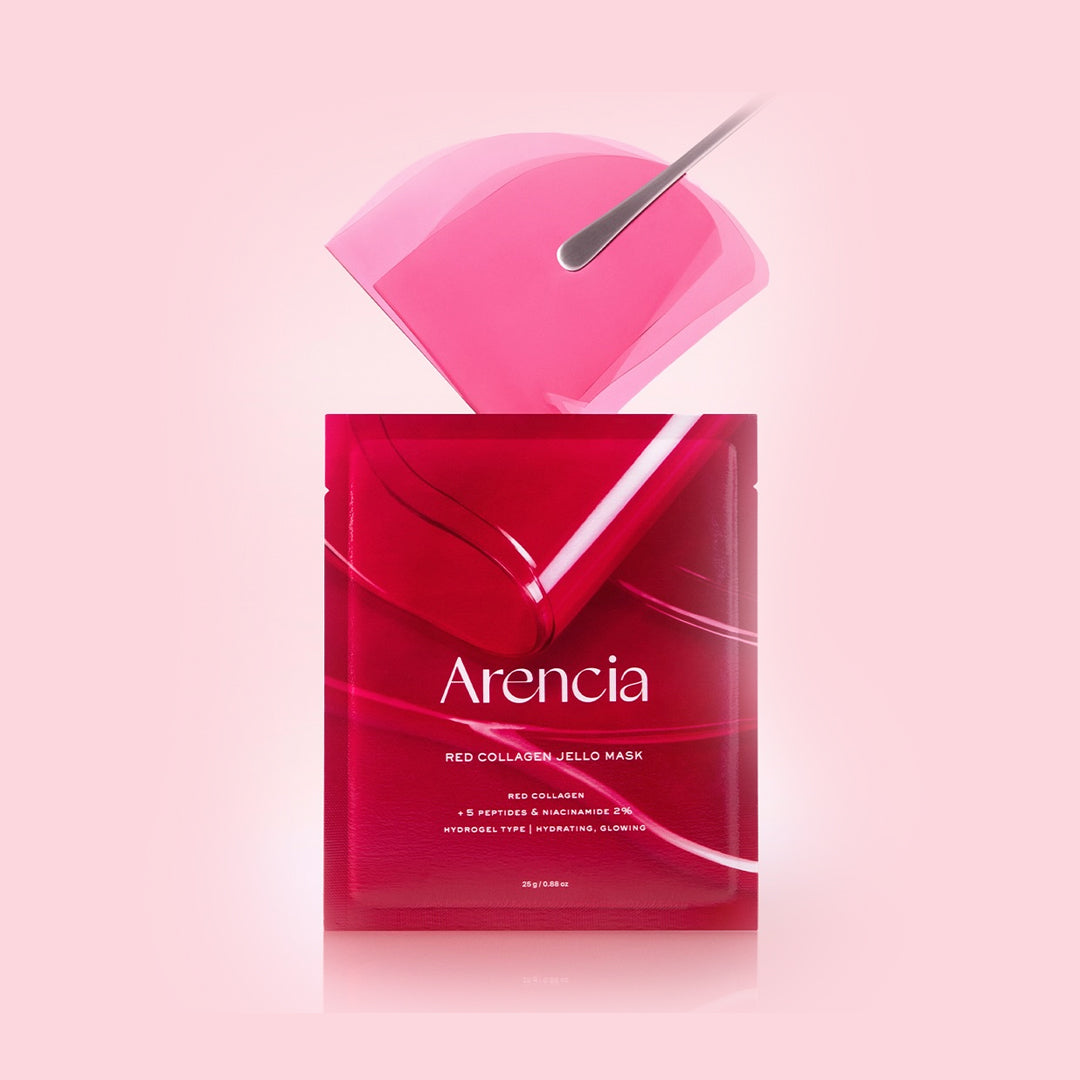 Arencia red collagen jello mask packaging on a pink background Arencia Red Collagen Jello Mask asian authentic genuine original korean skincare montreal toronto calgary canada thekshop thekshop.ca natural organic vegan cruelty-free cosmetics kbeauty vancouver free shipping clean beauty routine skin makeup kpop stayz stan fandom photocard stray kids treasure ateez atiny dix30 brossard ddo royal mount st-bruno new store