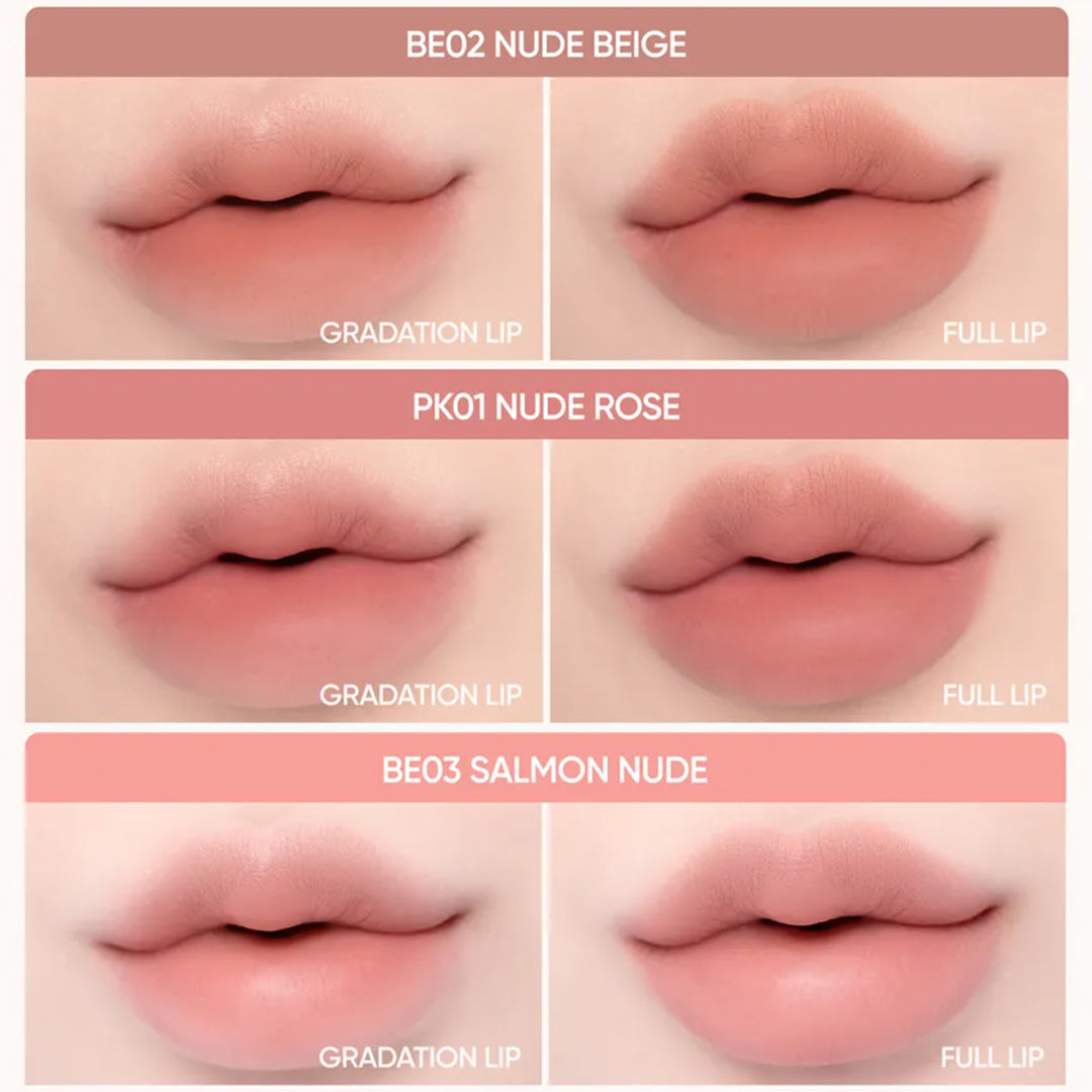 BANILA CO Smudging Lip Pencil Korean Lip color swatches 'BE02 Nude Beige', 'PK01 Nude Rose', and 'BE03 Salmon Nude'
