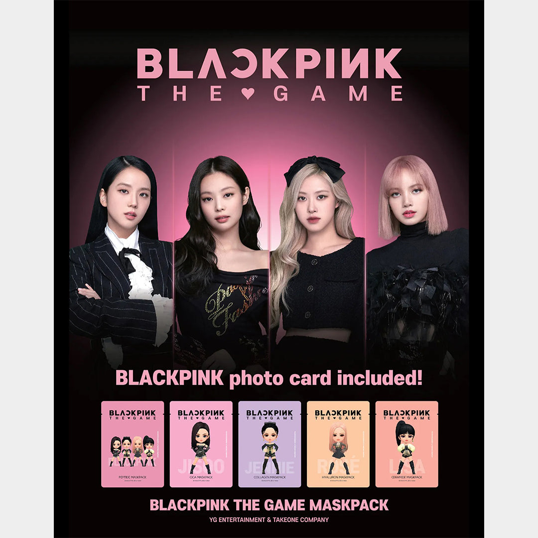 Promotional image for 'BLACKPINK THE GAME' with four members and photo cards.  asian authentic genuine original korean skincare montreal toronto calgary canada thekshop thekshop.ca natural organic vegan cruelty-free cosmetics kbeauty vancouver free shipping clean beauty routine skin makeup kpop stayz stan fandom photocard stray kids treasure ateez atiny dix30 brossard ddo royal mount st-bruno new store
