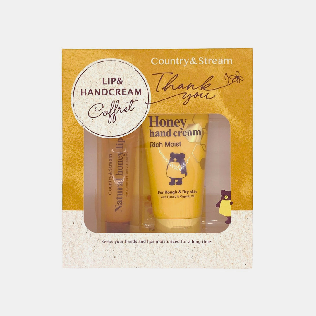 Lip and hand cream set with 'Country & Stream' branding on a beige background Country & Stream Honey Coffret Lip & Hand Cream Set asian authentic genuine original korean skincare montreal toronto calgary canada thekshop thekshop.ca natural organic vegan cruelty-free cosmetics kbeauty vancouver free shipping clean beauty routine skin makeup kpop stayz stan fandom photocard stray kids treasure ateez atiny dix30 brossard ddo royal mount st-bruno new store