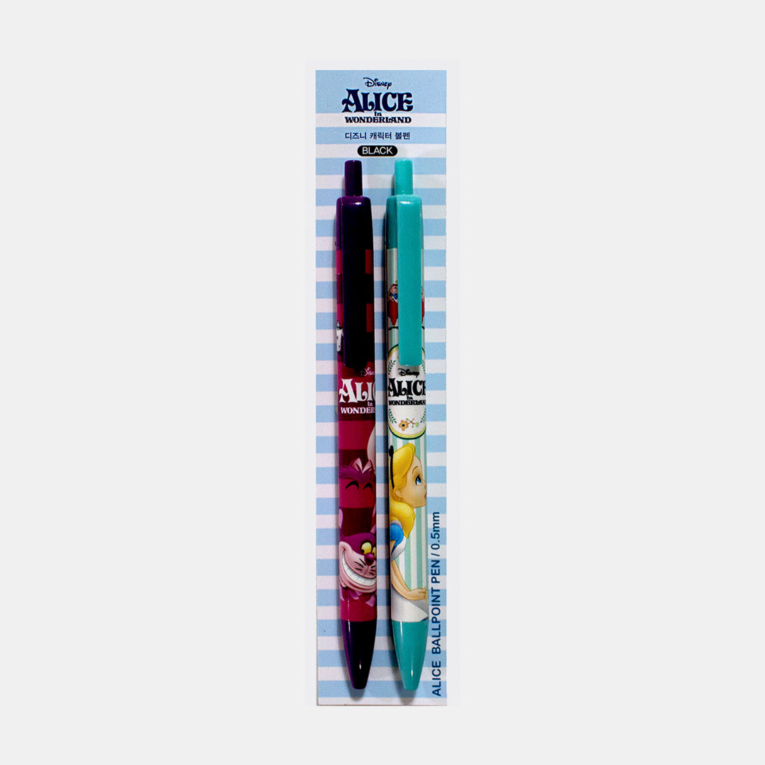 Two pens with colorful designs in a Disney Alice in Wonderland packaging on a white background Disney Alice in Wonderland Character Ballpoint Pen (0.5 mm, Black Ink – 2-Pack) Official Disney Stationery Canada 