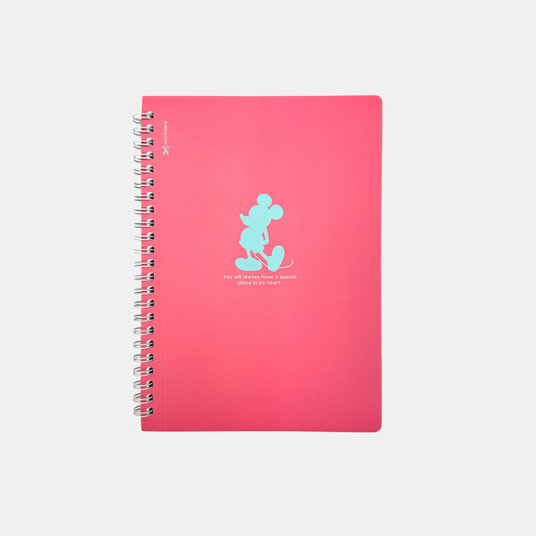 Pink notebook with a blue character design on a white background. Disney Mickey Mouse Spiral Notebook Classic Character Silhouette Design Official Disney Stationery Canada 
