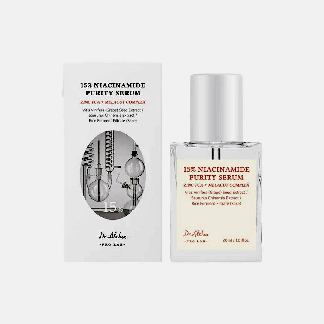 Dr. Althea 15% Niacinamide Purity Serum with packaging on a white background asian authentic genuine original korean skincare montreal toronto calgary canada thekshop thekshop.ca natural organic vegan cruelty-free cosmetics kbeauty vancouver free shipping clean beauty routine skin makeup kpop stayz stan fandom photocard stray kids treasure ateez atiny dix30 brossard ddo royal mount st-bruno new store downtown eaton centre soins de la peau coréens, cosmétiques coréens