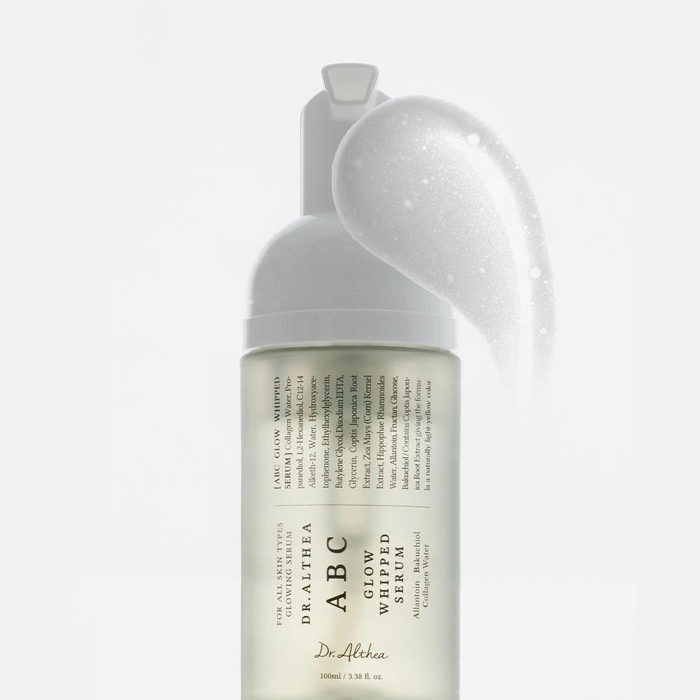 Dr. Althea ABC Glow Whipped Serum 100mL Korean 3-in-1 vegan  brightening skincare product that functions as a toner, serum, and hydrating bubble mask. It features an innovative "foam-to-water" texture that dispenses as an airy foam and melts into a lightweight, non-sticky liquid upon skin contact for a glowing glass-skin finish.