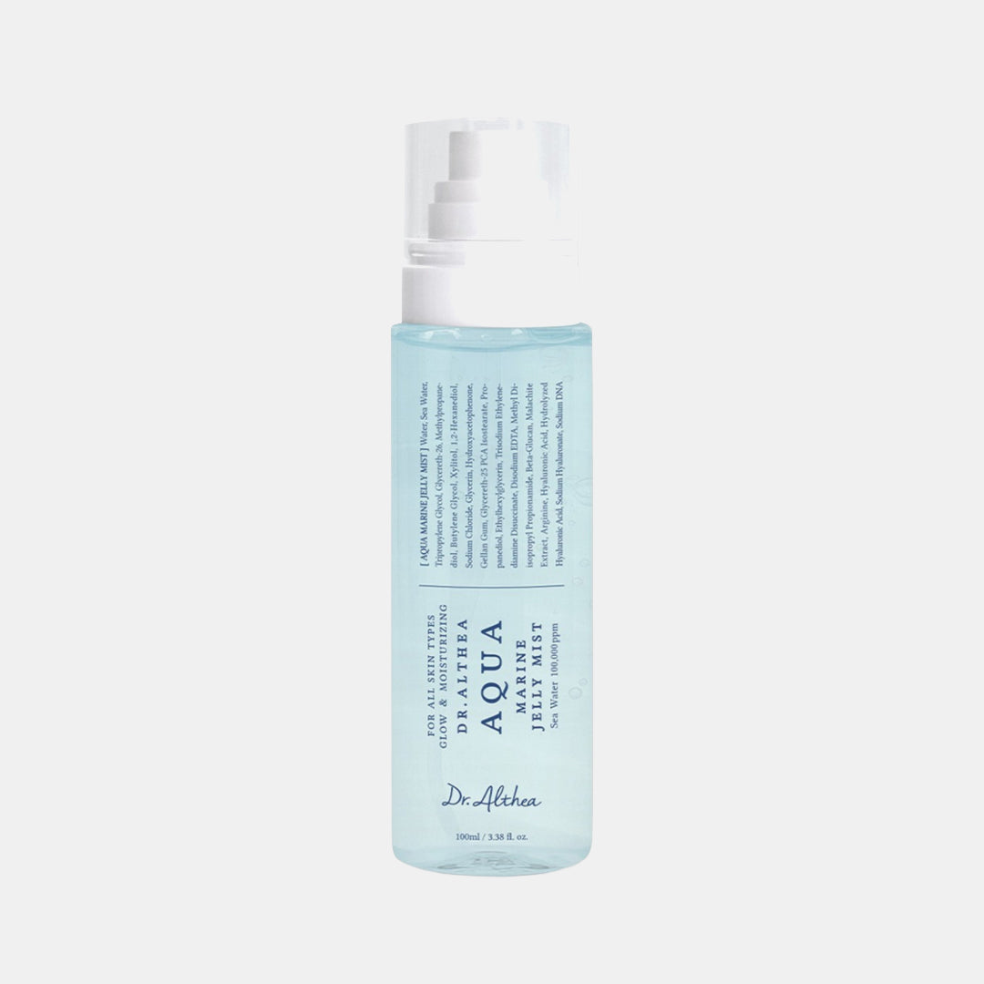 Dr. Alethea Aqua Toner bottle on a light gray background Dr. Althea Aqua Marine Jelly Mist asian authentic genuine original korean skincare montreal toronto calgary canada thekshop thekshop.ca natural organic vegan cruelty-free cosmetics kbeauty vancouver free shipping clean beauty routine skin makeup kpop stayz stan fandom photocard stray kids treasure ateez atiny dix30 brossard ddo royal mount st-bruno new store