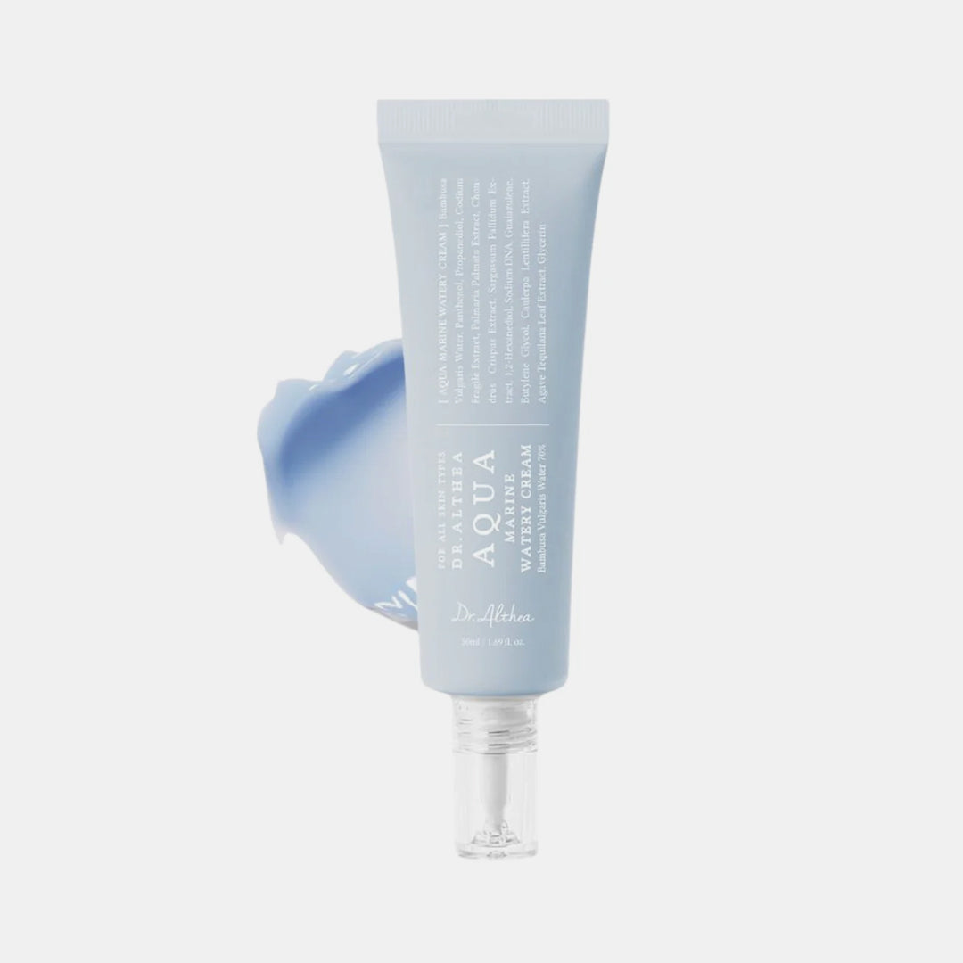 Blue skincare tube with a white cap on a light gray background Dr. Althea Aqua Marine Watery Cream asian authentic genuine original korean skincare montreal toronto calgary canada thekshop thekshop.ca natural organic vegan cruelty-free cosmetics kbeauty vancouver free shipping clean beauty routine skin makeup kpop stayz stan fandom photocard stray kids treasure ateez atiny dix30 brossard ddo royal mount st-bruno new store downtown eaton centre soins de la peau coréens, cosmétiques coréens