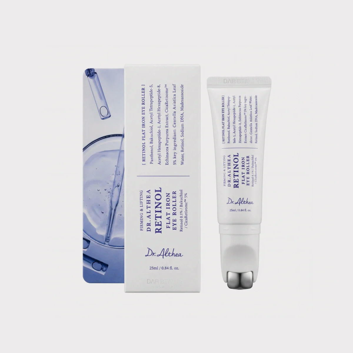 Dr. Althea Retinol Flat Iron Eye Roller 25ml  a gentle Korean anti-aging eye serum that combines a potent active formula with a built-in "flat iron" metal gua sha applicator. It is specifically designed to address wrinkles, puffiness, and dark circles while providing a lifting and depuffing effect to the delicate eye area. Suitable for sensitive skin.