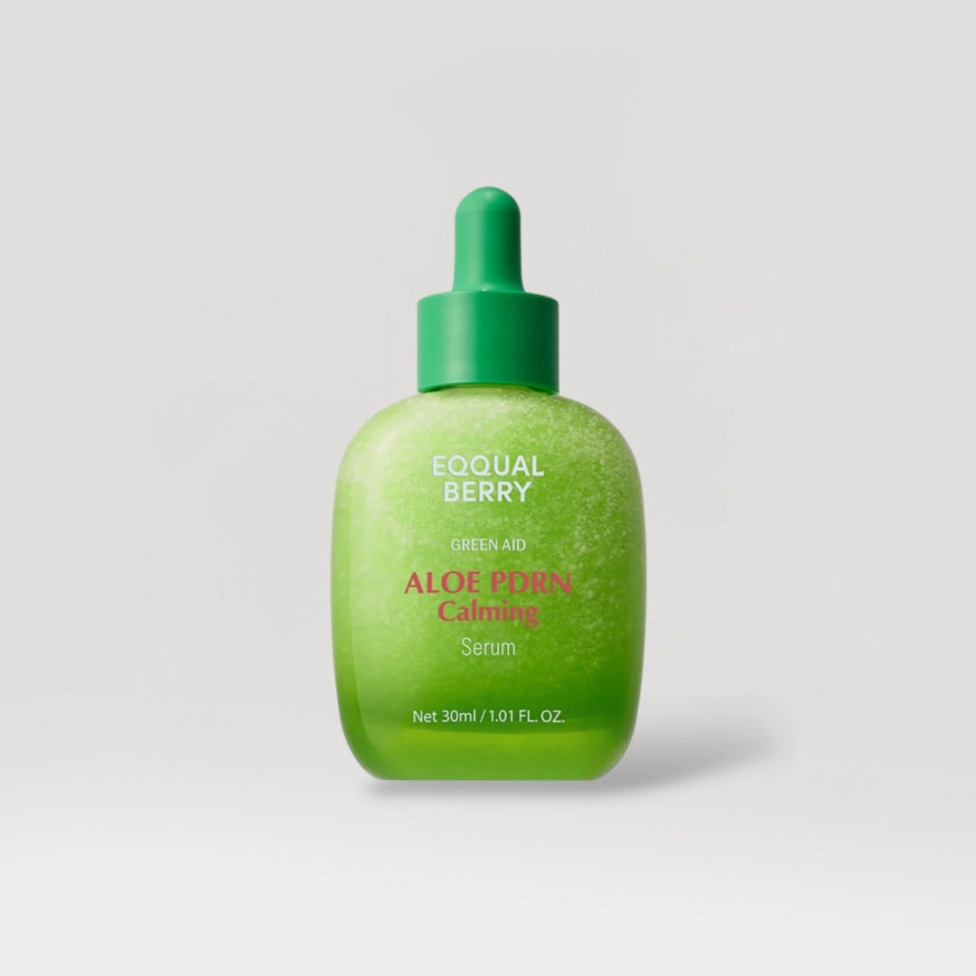 Green bottle of Aloe Pore Calming Serum by Equal Berry on a light gray background EQQUALBERRY Aloe PDRN Calming Serum  asian authentic genuine original korean skincare montreal toronto calgary canada thekshop thekshop.ca natural organic vegan cruelty-free cosmetics kbeauty vancouver free shipping clean beauty routine skin makeup kpop stayz stan fandom photocard stray kids treasure ateez atiny dix30 brossard ddo royal mount st-bruno new store