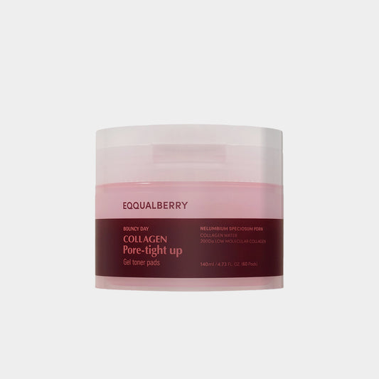 Cosmetic container with 'Eqqualberry' branding on a light gray background EQQUALBERRY Collagen Pore-Tight Up Gel Toner Pads asian authentic genuine original korean skincare montreal toronto calgary canada thekshop thekshop.ca natural organic vegan cruelty-free cosmetics kbeauty vancouver free shipping clean beauty routine skin makeup kpop stayz stan fandom photocard stray kids treasure ateez atiny dix30 brossard ddo royal mount st-bruno new store