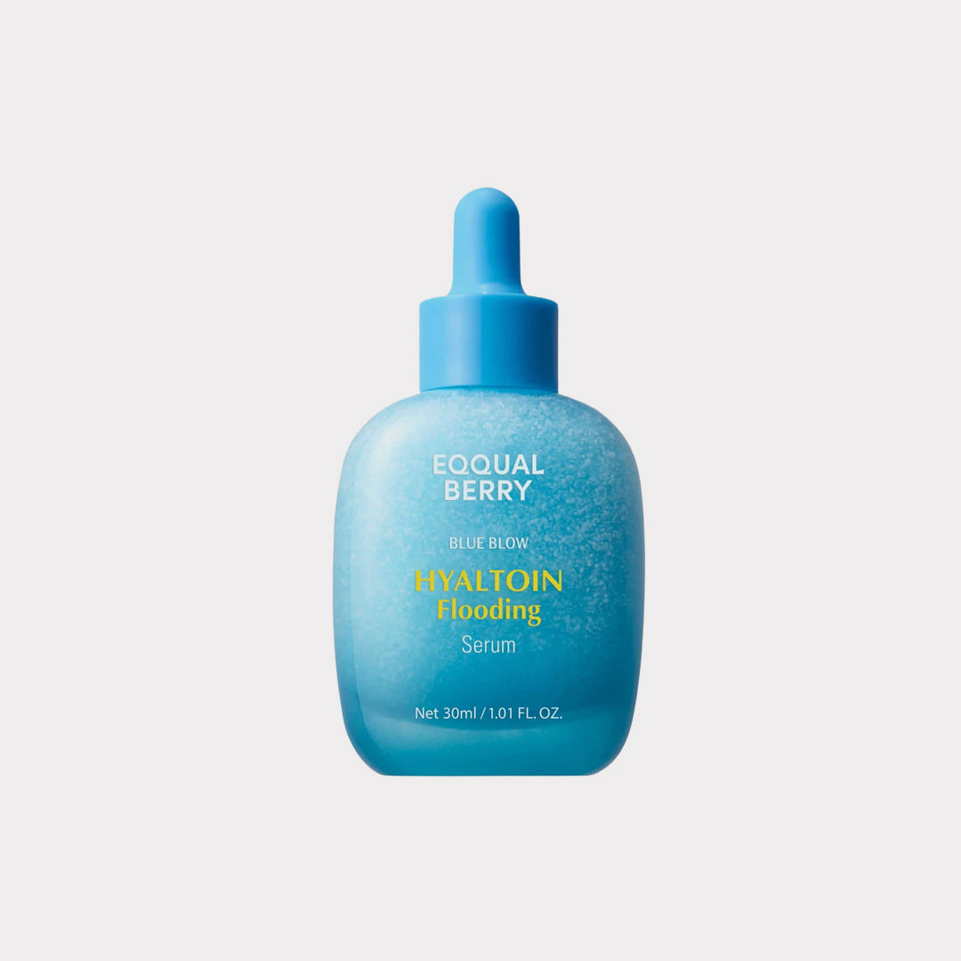 Blue bottle of Eoqual Berry serum on a light gray background EQQUALBERRY Hyaltoin Flooding Serum asian authentic genuine original korean skincare montreal toronto calgary canada thekshop thekshop.ca natural organic vegan cruelty-free cosmetics kbeauty vancouver free shipping clean beauty routine skin makeup kpop stayz stan fandom photocard stray kids treasure ateez atiny dix30 brossard ddo royal mount st-bruno new store