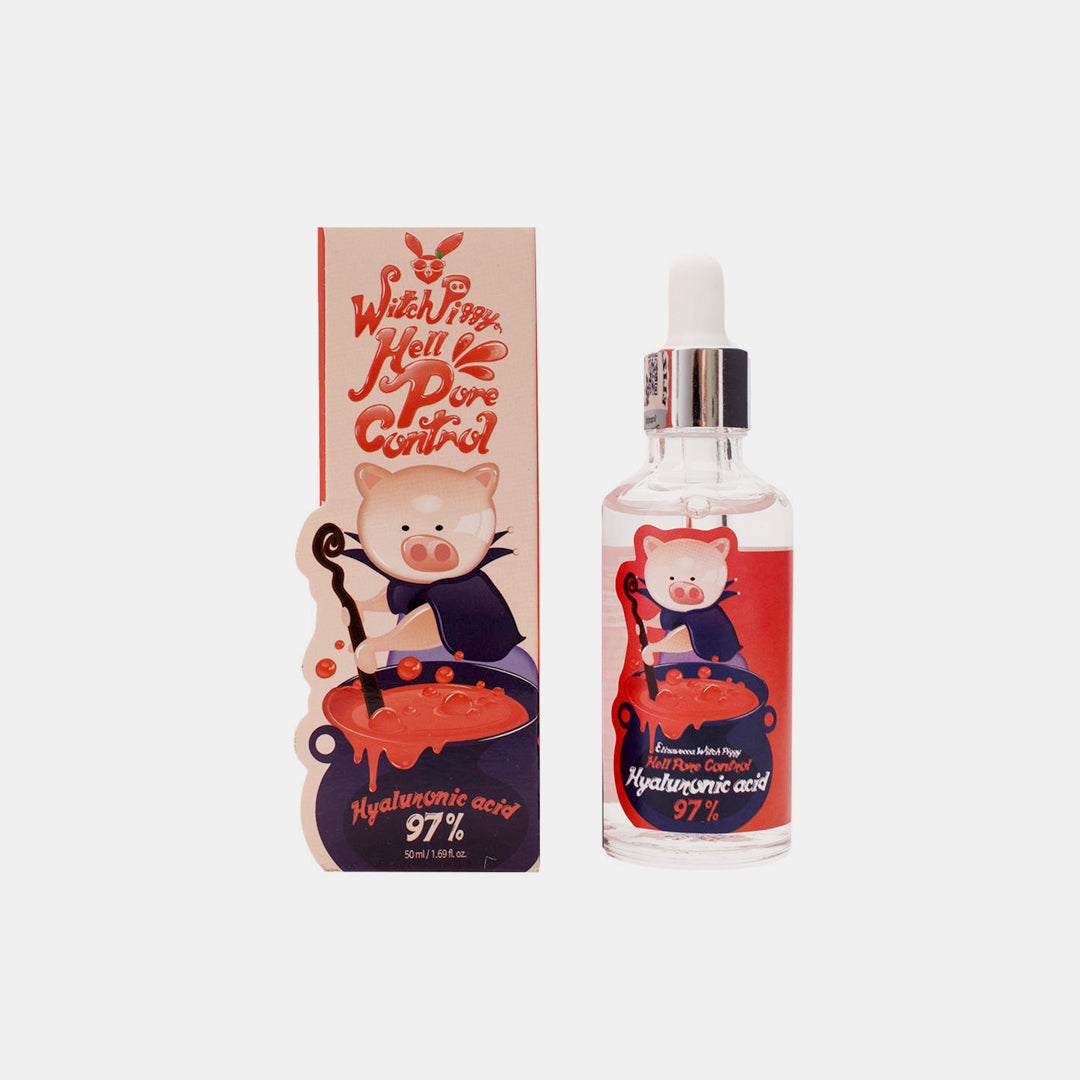 Bottle and box of a cosmetic product with a cartoon pig design on a white background Elizavecca Hell Pore Control Hyaluronic Acid 97% asian authentic genuine original korean skincare montreal toronto calgary canada thekshop thekshop.ca natural organic vegan cruelty-free cosmetics kbeauty vancouver free shipping clean beauty routine skin makeup kpop stayz stan fandom photocard stray kids treasure ateez atiny dix30 brossard ddo royal mount st-bruno new store