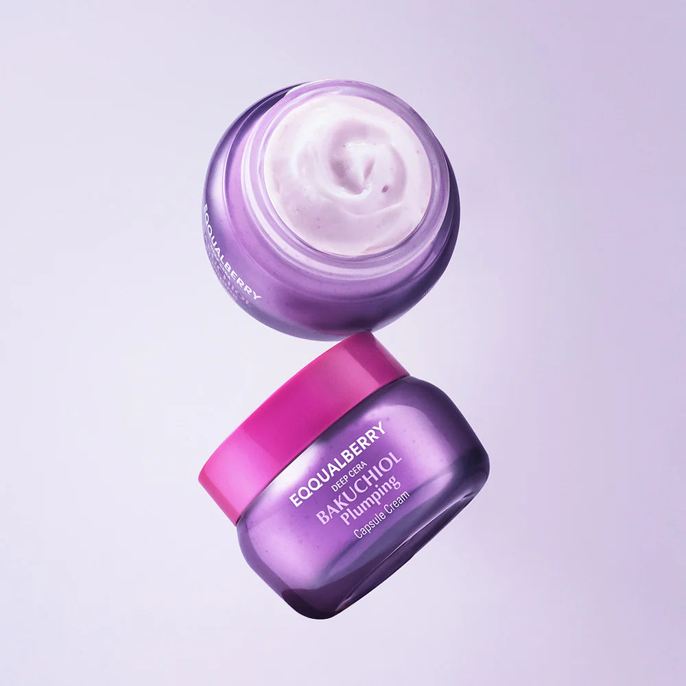 Two jars of cream, one open showing white cream, on a light purple background Eqqualberry Bakuchiol Cream 