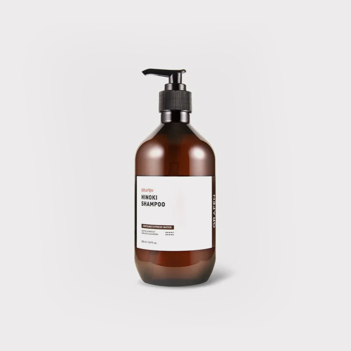 Brown shampoo bottle with pump on a light gray background GRAFEN Hinoki Shampoo asian authentic genuine original korean skincare montreal toronto calgary canada thekshop thekshop.ca natural organic vegan cruelty-free cosmetics kbeauty vancouver free shipping clean beauty routine skin makeup kpop stayz stan fandom photocard stray kids treasure ateez atiny dix30 brossard ddo royal mount st-bruno new store downtown eaton centre soins de la peau coréens, cosmétiques coréens