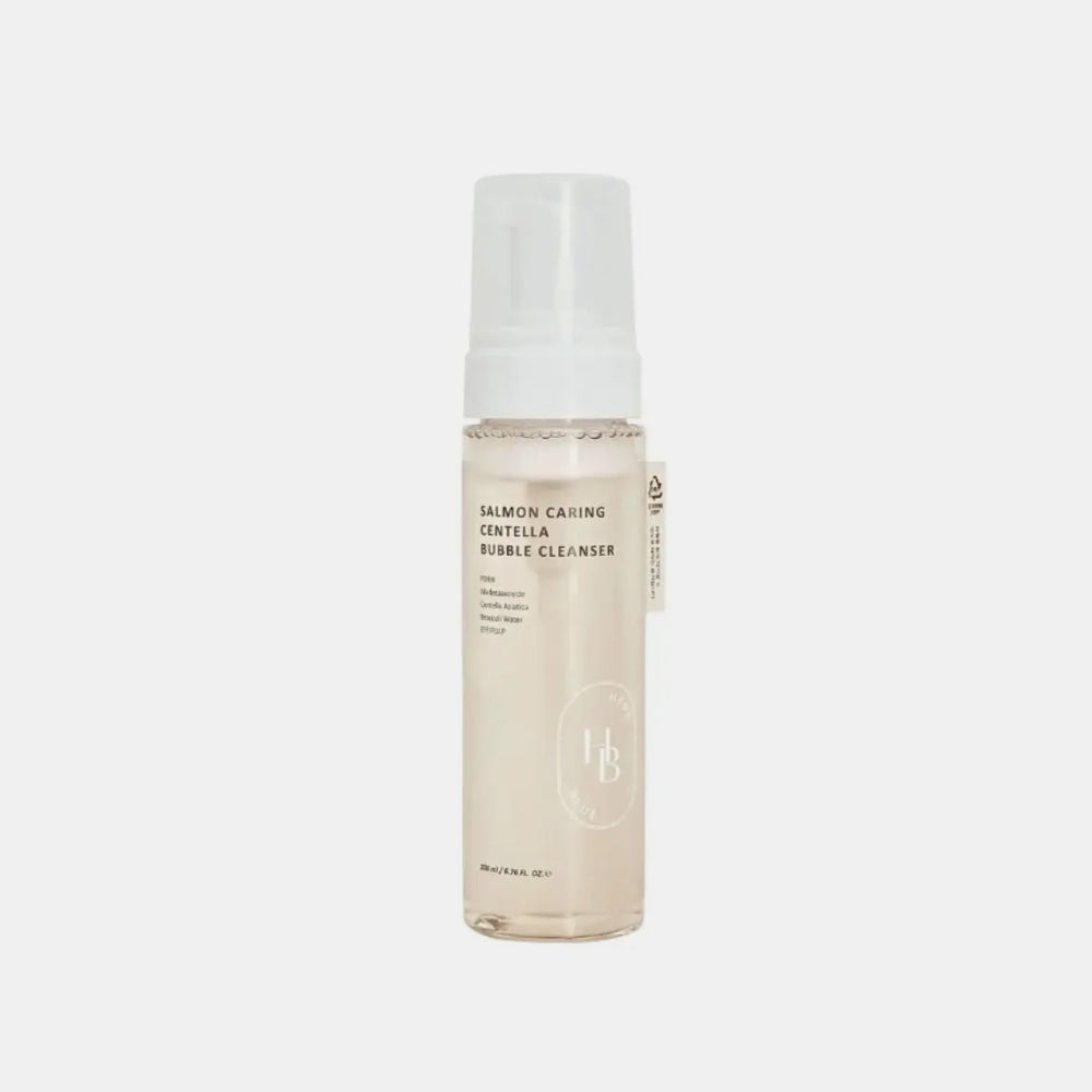 HEVEBLUE Salmon Caring Centella Bubble Cleanser 200mL is a gentle, pH-balanced (5.5) foaming cleanser designed to purify the skin without stripping its natural moisture. It is primarily known for using Salmon PDRN and Salmon Egg Extract to support skin regeneration and maintain a healthy skin barrier.&nbsp;