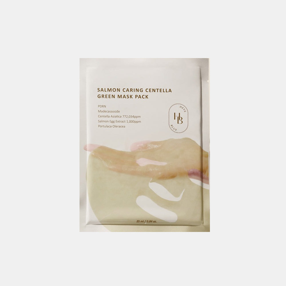 HEVEBLUE Salmon Caring Centella Green Mask Pack is a K-beauty calming sheet mask infused with skin-loving ingredients to soothe, hydrate, and restore stressed skin. Powered by centella asiatica and salmon-derived nutrients, this mask helps support the skin barrier while delivering intense moisture and comfort to sensitive, irritated skin.