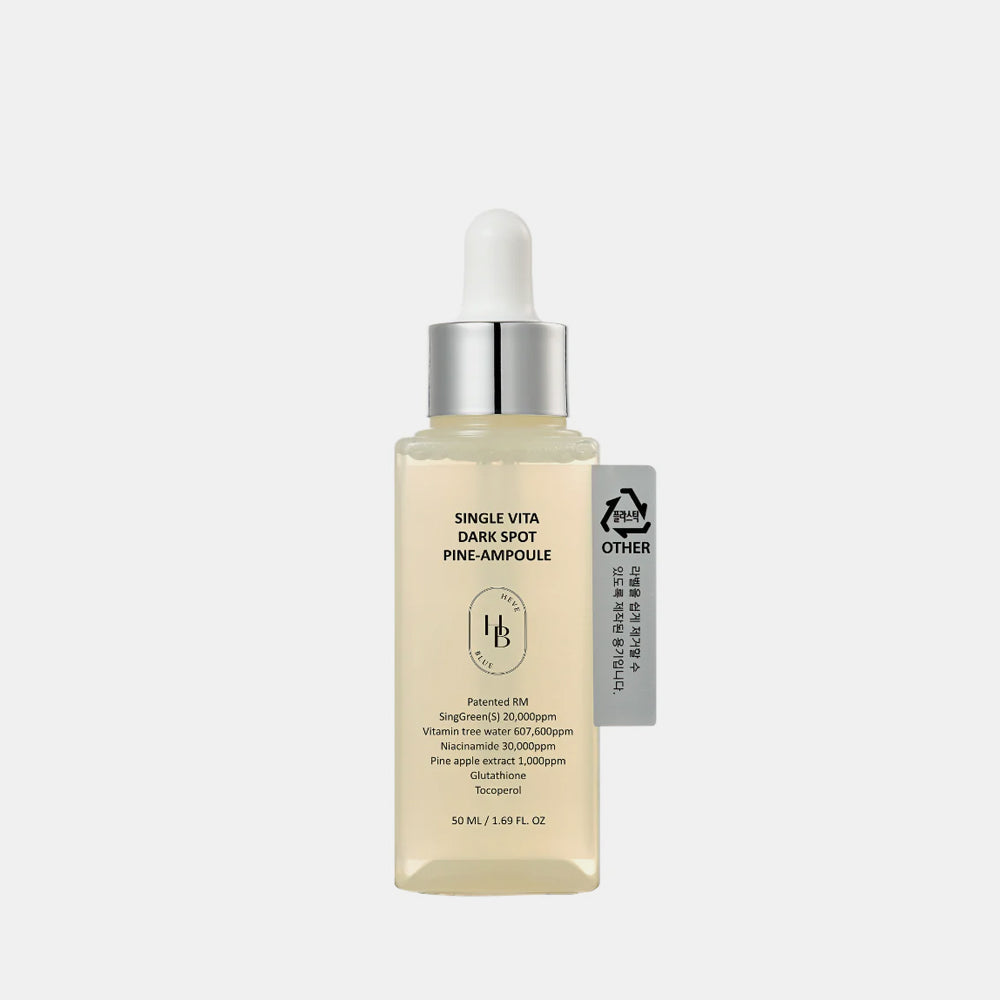 HEVEBLUE Single Vita Dark Spot Pine-Ampoule 50mL is a brightening Korean treatment designed to reduce melanin production and even out skin tone. It is particularly noted for its lightweight, watery texture that absorbs quickly without a sticky finish.  