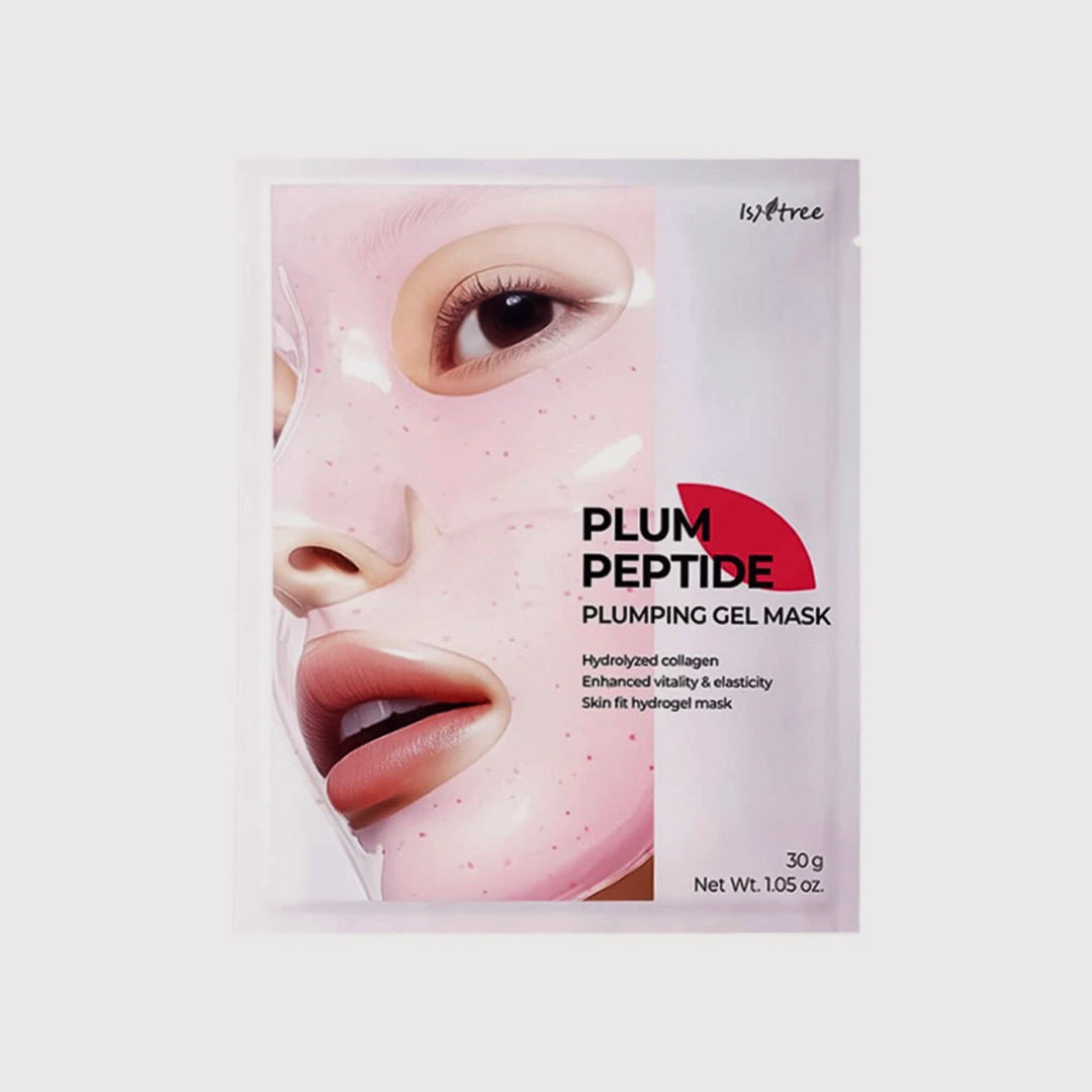 Plum Peptide plumping gel mask packaging with a close-up of a face on a light gray background Isntree Plum Peptide Plumping Gel Mask asian authentic genuine original korean skincare montreal toronto calgary canada thekshop thekshop.ca natural organic vegan cruelty-free cosmetics kbeauty vancouver free shipping clean beauty routine skin makeup kpop stayz stan fandom photocard stray kids treasure ateez atiny dix30 brossard ddo royal mount st-bruno new store
