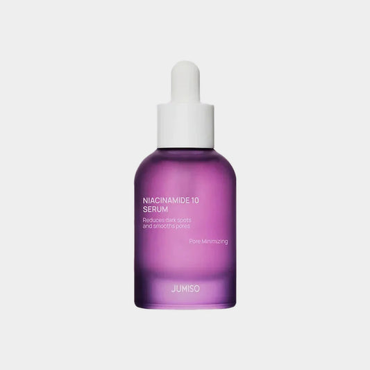 Purple serum bottle with dropper labeled 'Niacinamide 10 Serum' by Jumiso on a light purple background JUMISO Niacinamide 10 Serum asian authentic genuine original korean skincare montreal toronto calgary canada thekshop thekshop.ca natural organic vegan cruelty-free cosmetics kbeauty vancouver free shipping clean beauty routine skin makeup kpop stayz stan fandom photocard stray kids treasure ateez atiny dix30 brossard ddo royal mount st-bruno new store