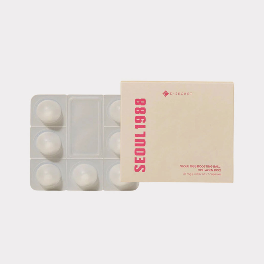 Packaged product with 'Seoul 1988' branding on a white background KSECRET SEOUL 1988 Boosting Ball : Collagen 100%  asian authentic genuine original korean skincare montreal toronto calgary canada thekshop thekshop.ca natural organic vegan cruelty-free cosmetics kbeauty vancouver free shipping clean beauty routine skin makeup kpop stayz stan fandom photocard stray kids treasure ateez atiny dix30 brossard ddo royal mount st-bruno new store