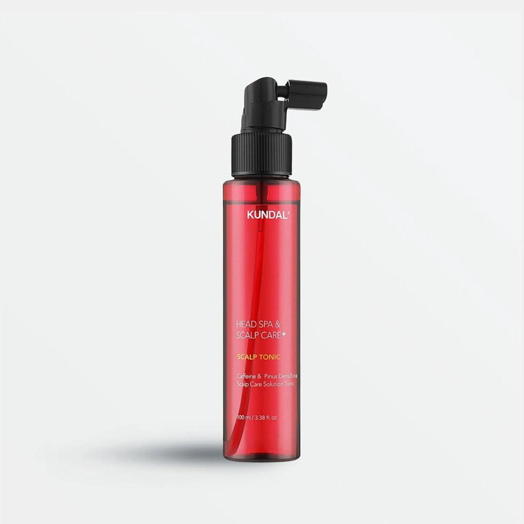 Red bottle with black spray nozzle on a light gray background KUNDAL Head Spa & Scalp Care Scalp Tonic asian authentic genuine original korean skincare montreal toronto calgary canada thekshop thekshop.ca natural organic vegan cruelty-free cosmetics kbeauty vancouver free shipping clean beauty routine skin makeup kpop stayz stan fandom photocard stray kids treasure ateez atiny dix30 brossard ddo royal mount st-bruno new store