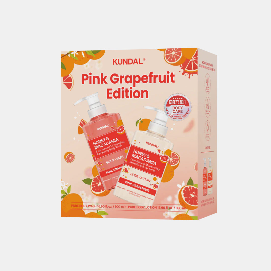 Kundal Pink Grapefruit Edition product packaging with body wash and lotion bottles on a light pink background. KUNDAL Honey & Macadamia Body Wash and Body Lotion Set asian authentic genuine original korean skincare montreal toronto calgary canada thekshop thekshop.ca natural organic vegan cruelty-free cosmetics kbeauty vancouver free shipping clean beauty routine skin makeup kpop stayz stan fandom photocard stray kids treasure ateez atiny dix30 brossard ddo royal mount st-bruno new store