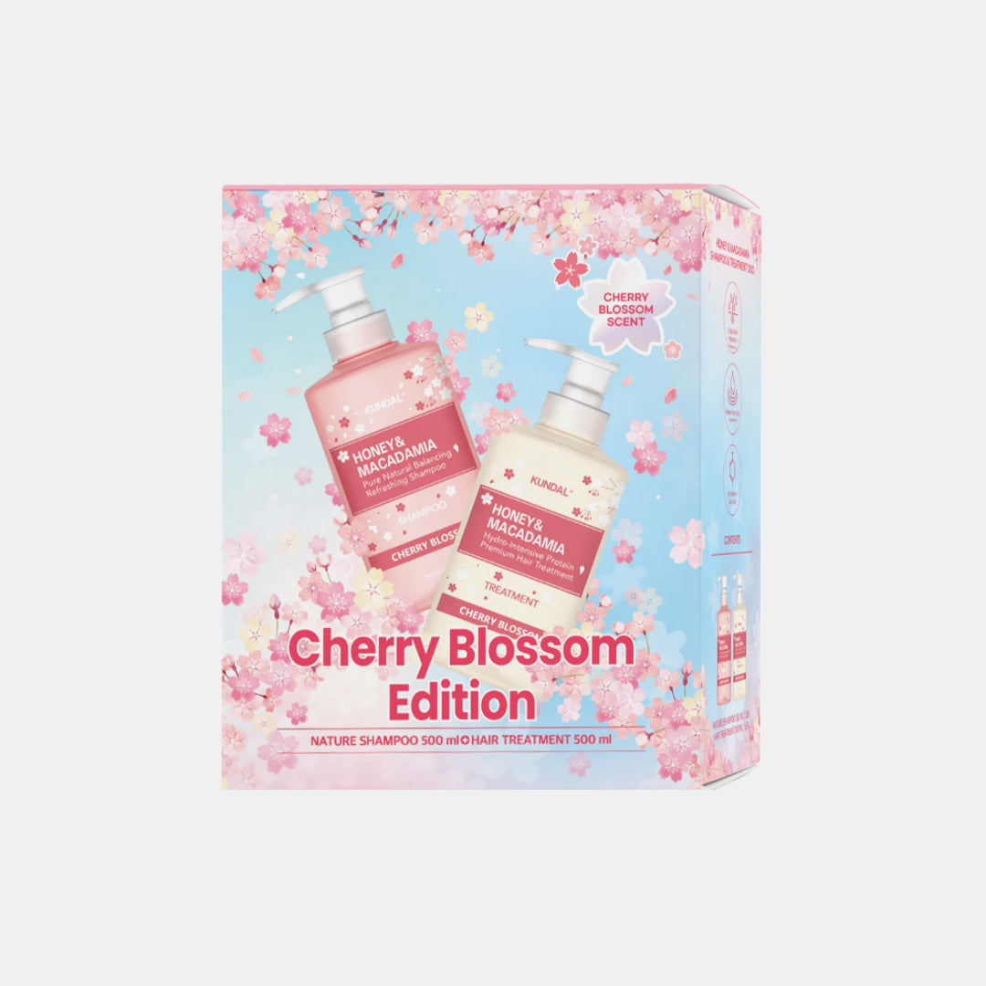 Kundal Cherry Blossom Edition hair care set packaging with cherry blossoms on a light blue background KUNDAL Honey Macadamia Hair Care Set Shampoo and Treatment asian authentic genuine original korean skincare montreal toronto calgary canada thekshop thekshop.ca natural organic vegan cruelty-free cosmetics kbeauty vancouver free shipping clean beauty routine skin makeup kpop stayz stan fandom photocard stray kids treasure ateez atiny dix30 brossard ddo royal mount st-bruno new store