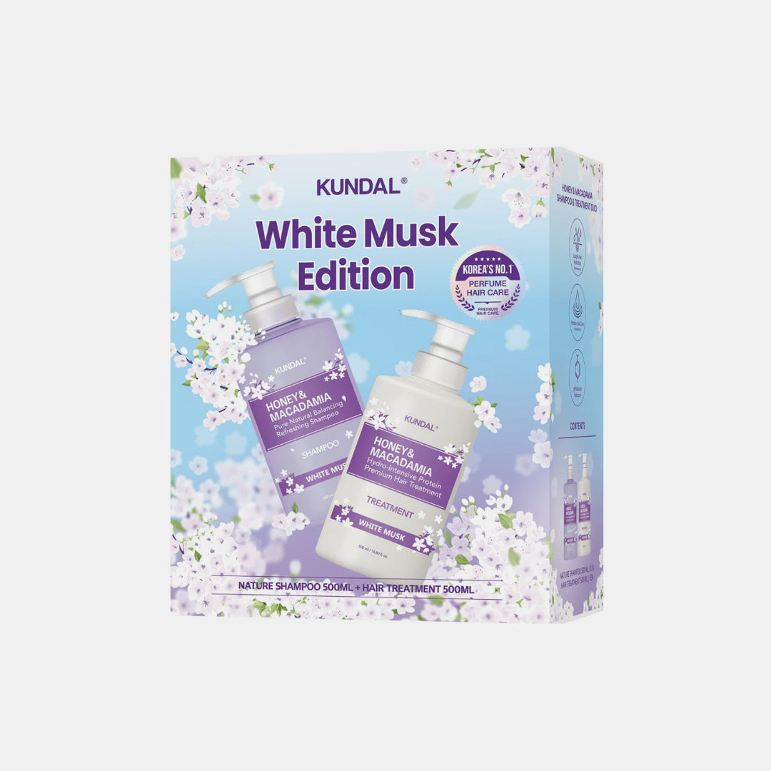 Kundal White Musk Edition product packaging with floral design on a light blue background asian authentic genuine original korean skincare montreal toronto calgary canada thekshop thekshop.ca natural organic vegan cruelty-free cosmetics kbeauty vancouver free shipping clean beauty routine skin makeup kpop stayz stan fandom photocard stray kids treasure ateez atiny dix30 brossard ddo royal mount st-bruno new store