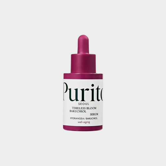 Purito skincare serum bottle with pink cap on a white background Purito SEOUL Timeless Bloom Bakuchiol Serum asian authentic genuine original korean skincare montreal toronto calgary canada thekshop thekshop.ca natural organic vegan cruelty-free cosmetics kbeauty vancouver free shipping clean beauty routine skin makeup kpop stayz stan fandom photocard stray kids treasure ateez atiny dix30 brossard ddo royal mount st-bruno new store