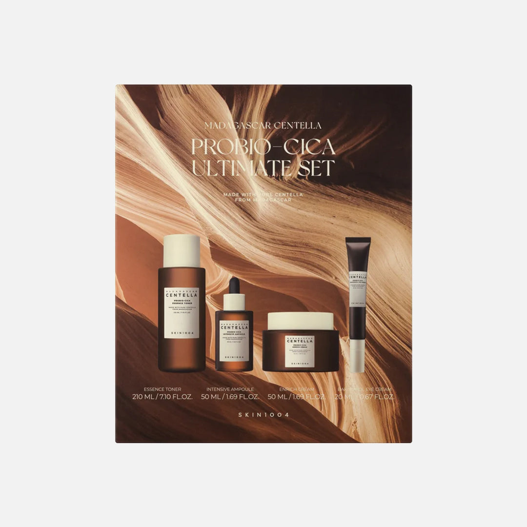 Cosmetic set packaging with various bottles on a brown and beige swirled background SKIN1004 Probio-Cica Ultimate Set asian authentic genuine original korean skincare montreal toronto calgary canada thekshop thekshop.ca natural organic vegan cruelty-free cosmetics kbeauty vancouver free shipping clean beauty routine skin makeup kpop stayz stan fandom photocard stray kids treasure ateez atiny dix30 brossard ddo royal mount st-bruno new store