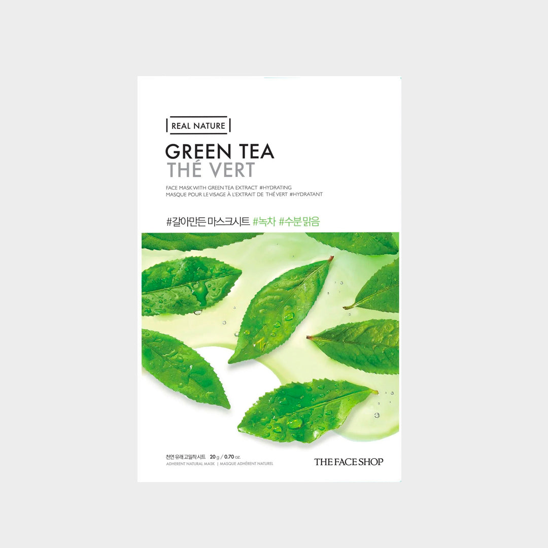 THE FACE SHOP Real Nature Green Tea Sheet Mask asian authentic genuine original korean skincare montreal toronto calgary canada thekshop thekshop.ca natural organic vegan cruelty-free cosmetics kbeauty vancouver free shipping clean beauty routine skin makeup kpop stayz stan fandom photocard stray kids treasure ateez atiny  