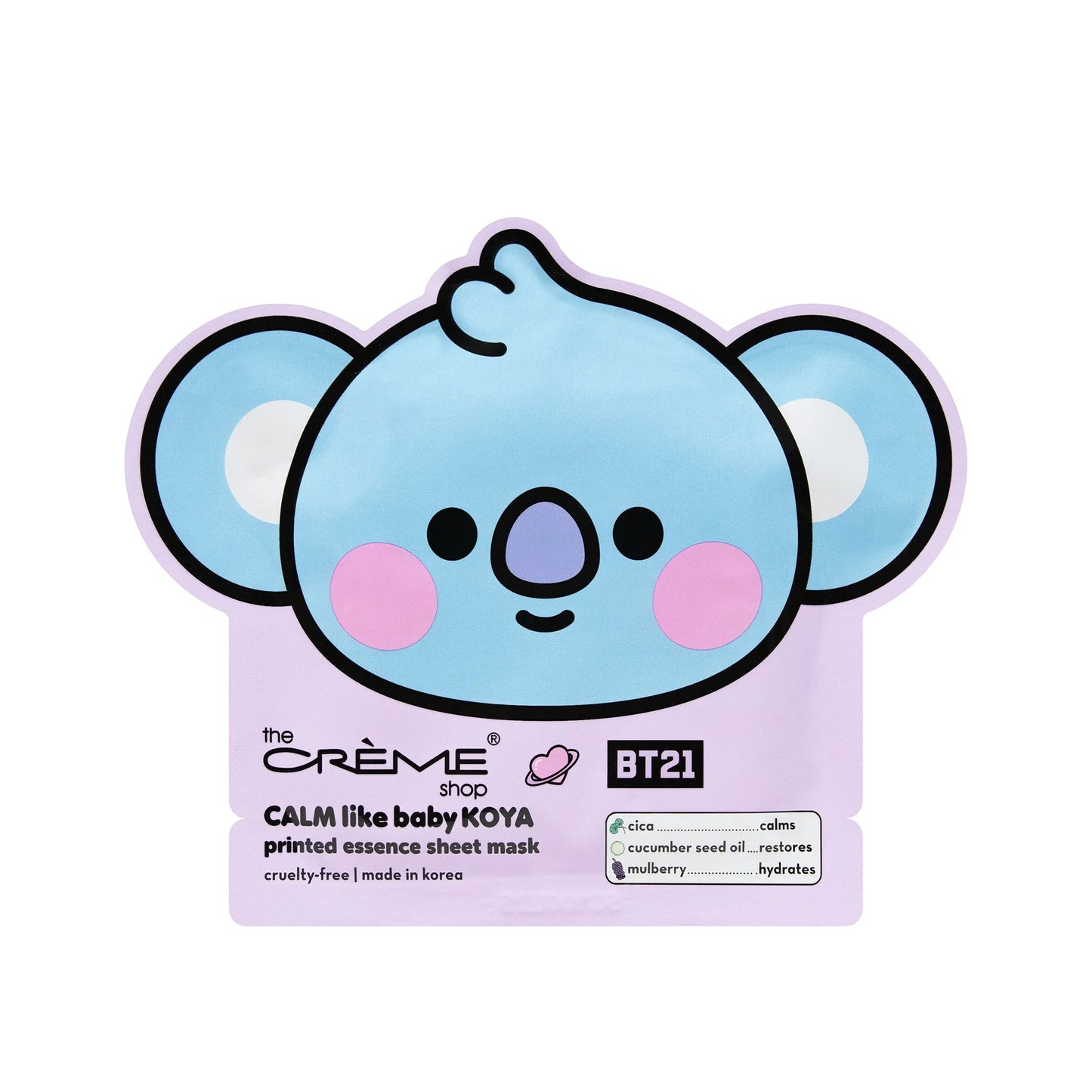 THEKSHOP_The Crème Shop x BT21 Baby CALM Like Baby KOYA Printed Essence Sheet Mask (Cica, Cucumber Seed Oil, Mulberry) asian authentic genuine original korean skincare montreal toronto calgary canada thekshop thekshop.ca natural organic vegan cruelty-free cosmetics kbeauty vancouver free shipping clean beauty routine skin makeup kpop BTS Army Take Two