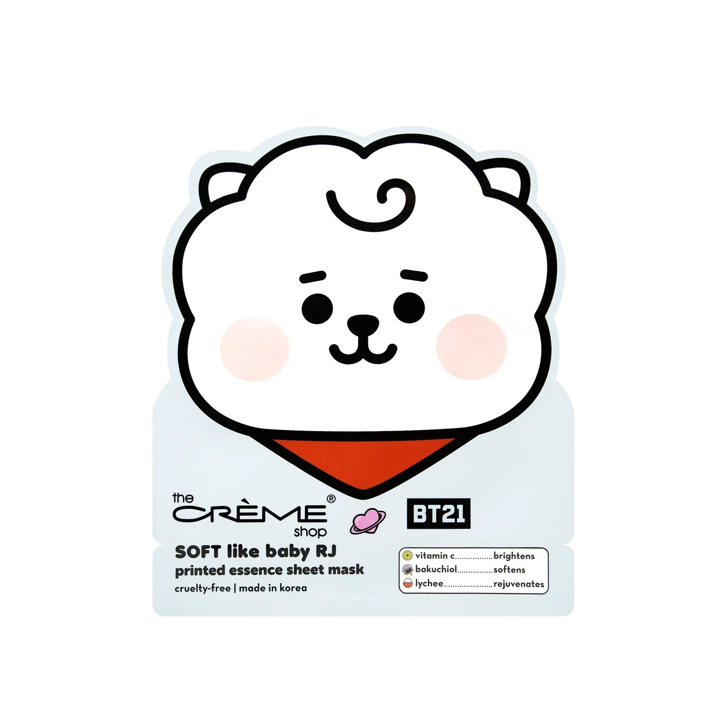 THEKSHOP_The Crème Shop x BT21 SOFT Like Baby RJ Printed Essence Sheet Mask (Vitamin C, Bakuchiol, Lychee)_ BTS Army Take Two asian authentic genuine original korean skincare montreal toronto calgary canada thekshop thekshop.ca natural organic vegan cruelty-free cosmetics kbeauty vancouver free shipping clean beauty routine skin makeup kpop