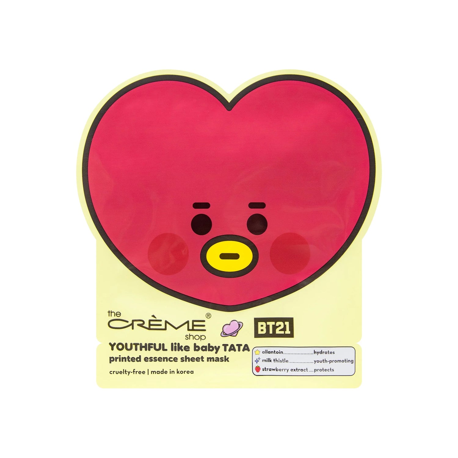 The Crème Shop x BT21 YOUTHFUL Like Baby TATA Printed Essence Sheet Mask (Allantoin, Milk Thistle, Strawberry Extract) BTS Army Take Two asian authentic genuine original korean skincare montreal toronto calgary canada thekshop thekshop.ca natural organic vegan cruelty-free cosmetics kbeauty vancouver free shipping clean beauty routine skin makeup kpop 