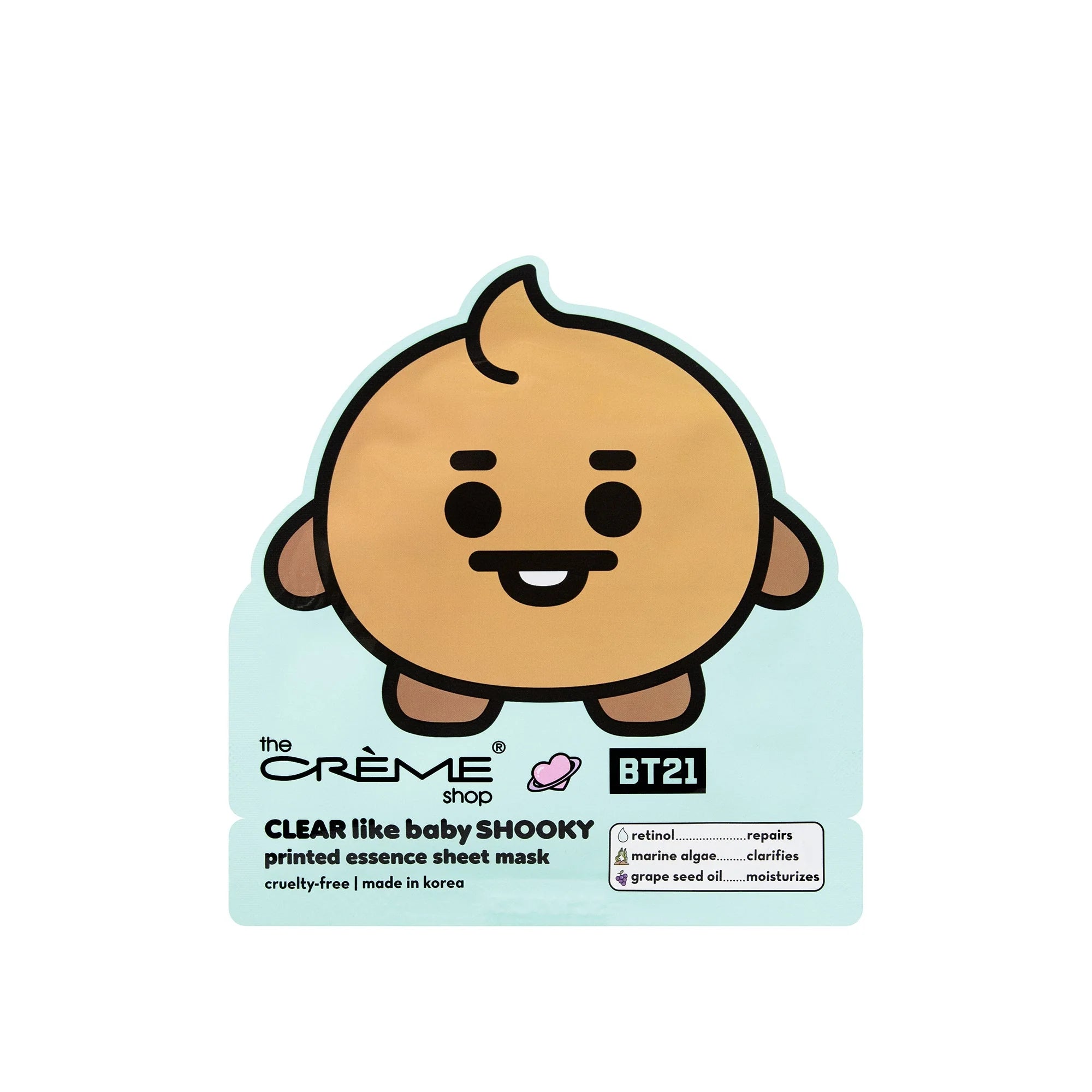 The Crème Shop x BT21 Baby CLEAR Like Baby SHOOKY Printed Essence Sheet Mask (Retinol, Marine Algae, Grape Seed Oil) BTS Army Take Two asian authentic genuine original korean skincare montreal toronto calgary canada thekshop thekshop.ca natural organic vegan cruelty-free cosmetics kbeauty vancouver free shipping clean beauty routine skin makeup kpop 