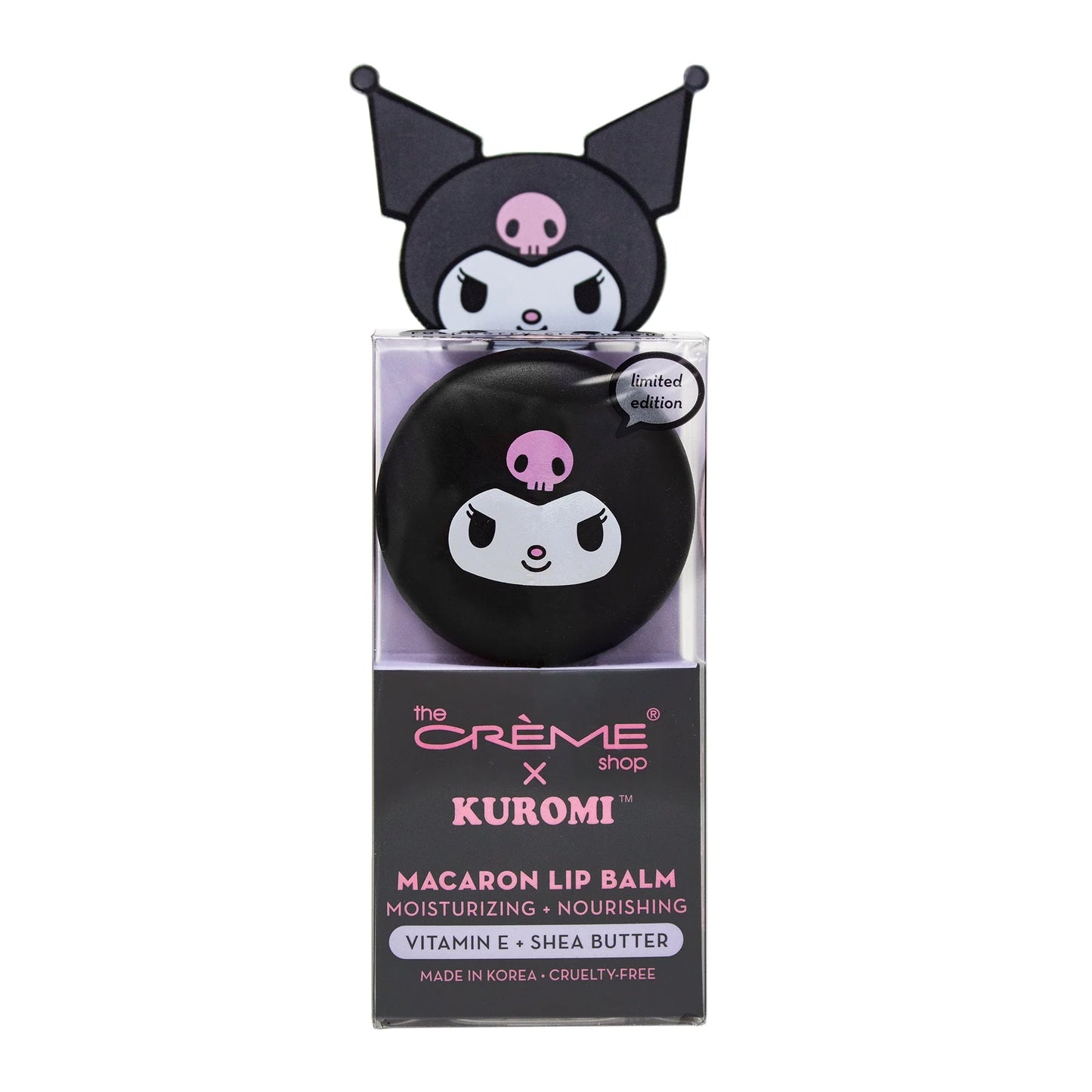 The Crème Shop x Hello Kitty - Kuromi Raspberry Cream Puff Macaron Lip Balm  asian authentic genuine original korean skincare montreal toronto calgary canada thekshop thekshop.ca natural organic vegan cruelty-free cosmetics kbeauty vancouver free shipping clean beauty routine skin makeup