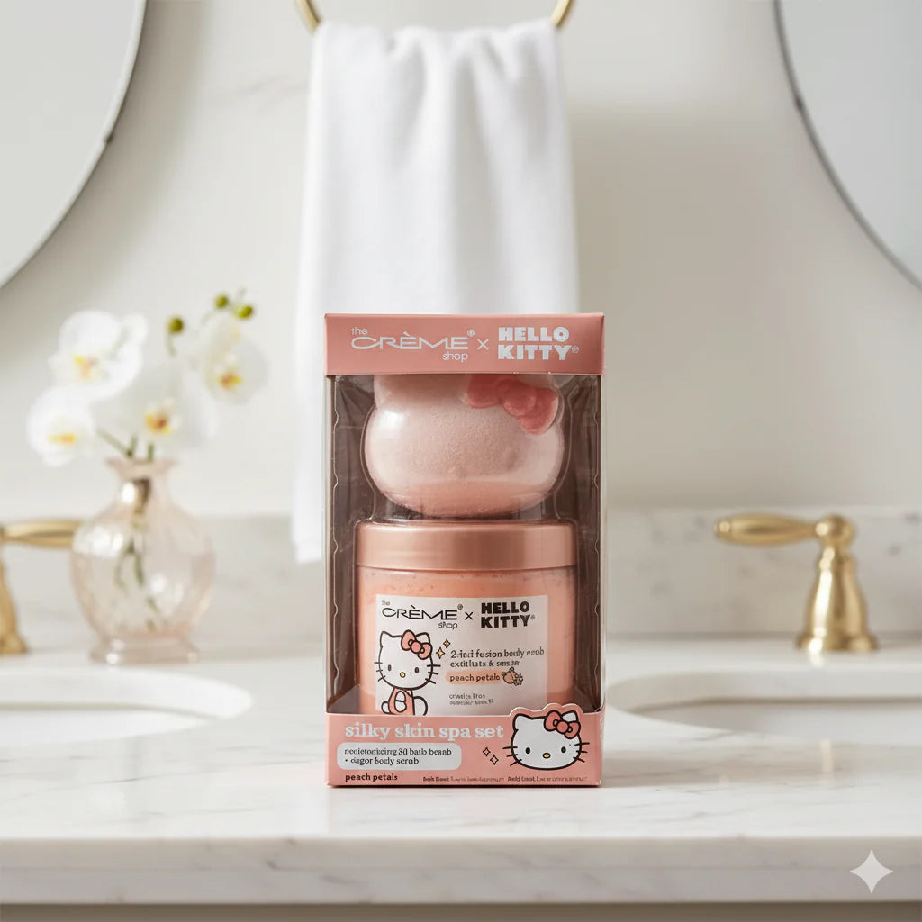 The Crème Shop x Hello Kitty 2-in-1 Fusion Body Scrub – Peach Petals is a Korean silky skin spa gift set bath bomb and sugar body scrub