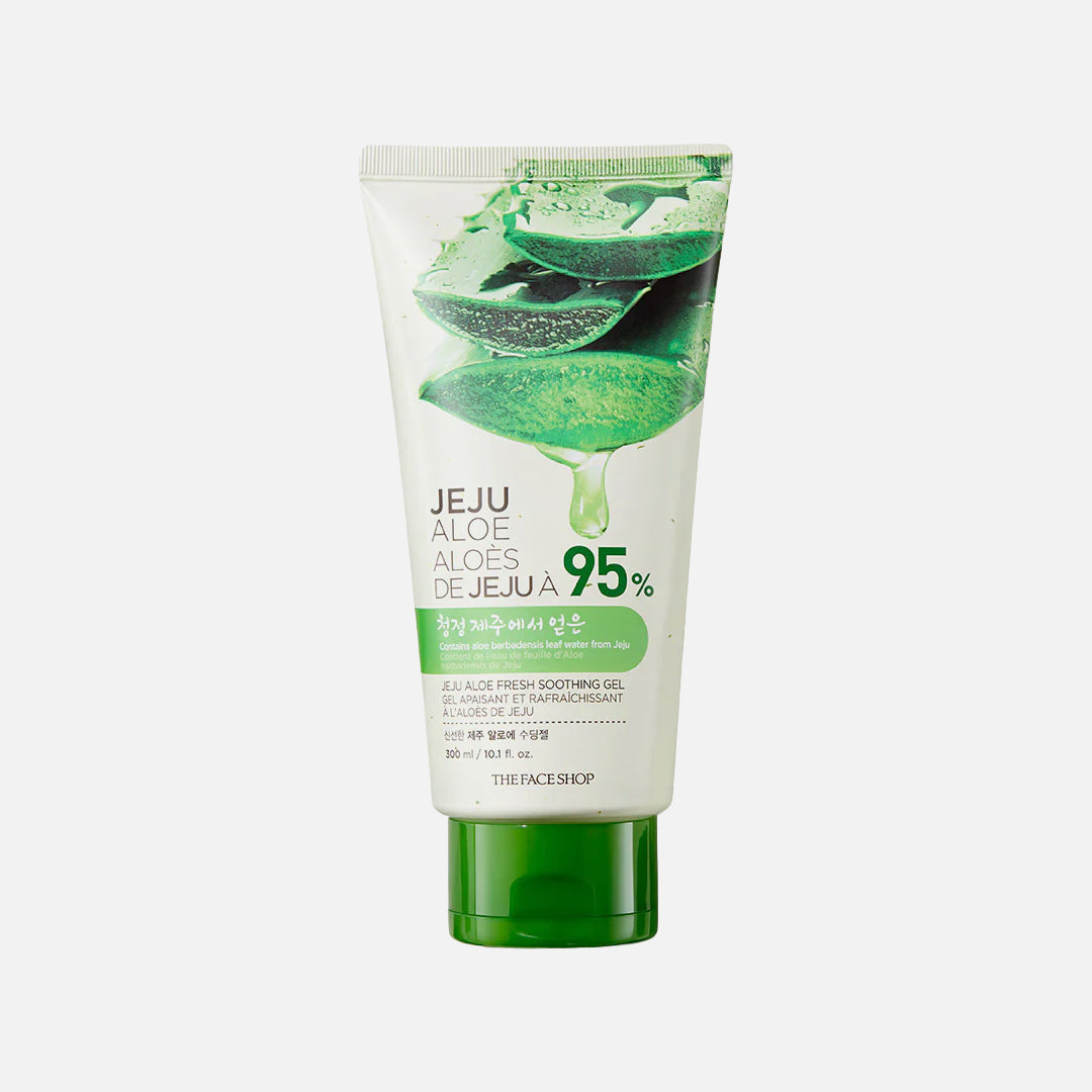 Tube of Jeju Aloe Fresh Soothing Gel with green aloe vera leaves on a white background The Face Shop Jeju Aloe Fresh Soothing Gel asian authentic genuine original korean skincare montreal toronto calgary canada thekshop thekshop.ca natural organic vegan cruelty-free cosmetics kbeauty vancouver free shipping clean beauty routine skin makeup kpop stayz stan fandom photocard stray kids treasure ateez atiny dix30 brossard ddo royal mount st-bruno new store